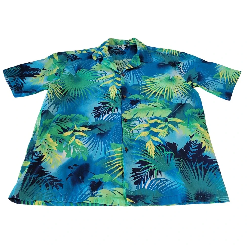 Aloha Republic Hawaiian Shirt Mens L Blue Green Tropical Palm Made in Hawaii - Picture 1 of 7
